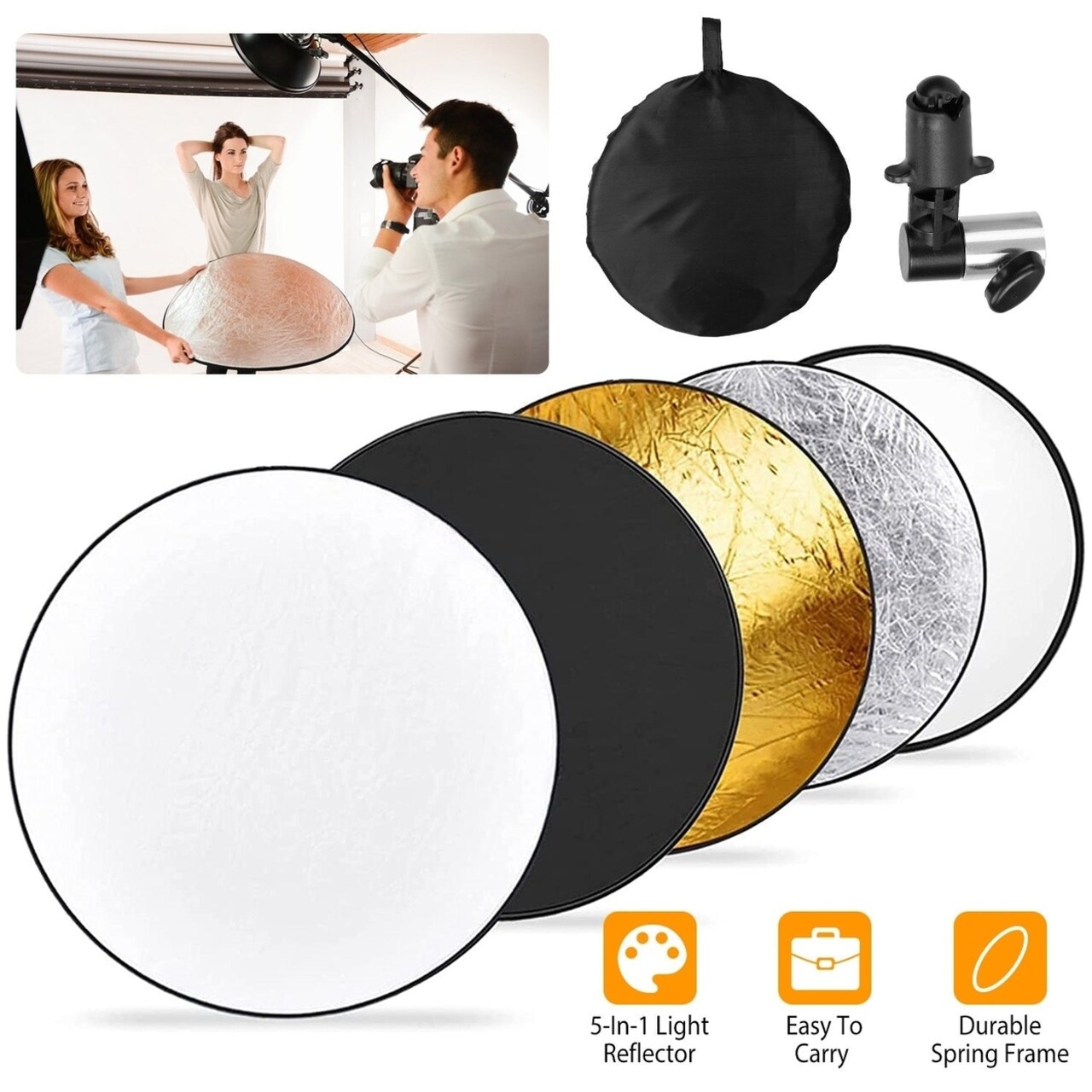 5 In 1 Photography Round Light Reflector Collapsible Multi Disc Light Diffuser With Storage Bag Translucent Silver Gold